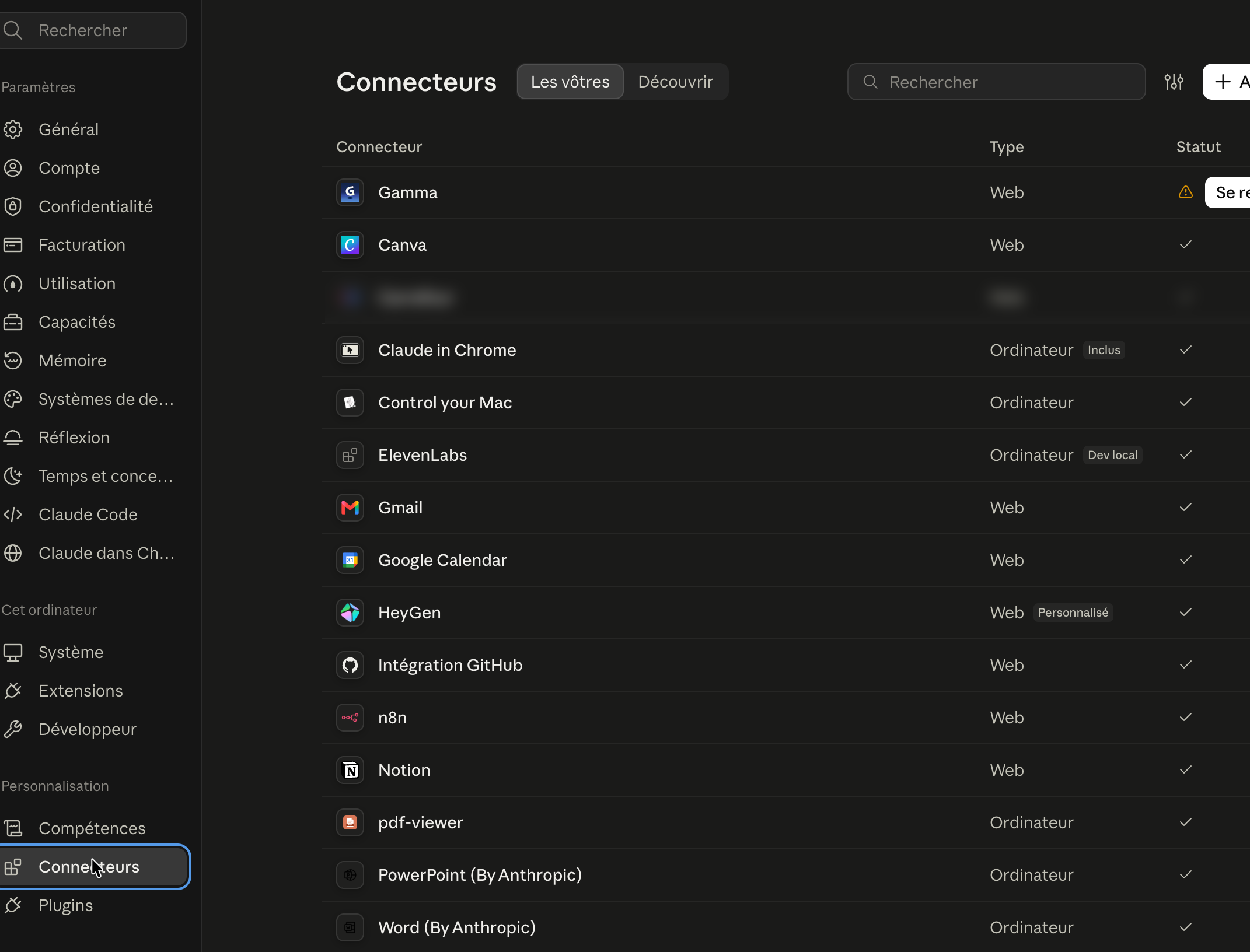 Liste des connecteurs dans les réglages de Claude