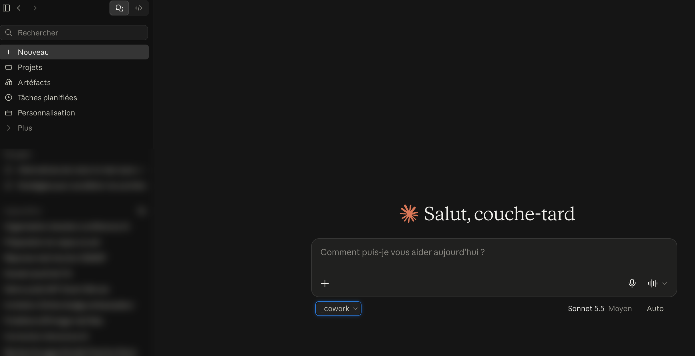 Écran d'accueil de Claude Desktop, avec le dossier _cowork sélectionné sous la zone de saisie