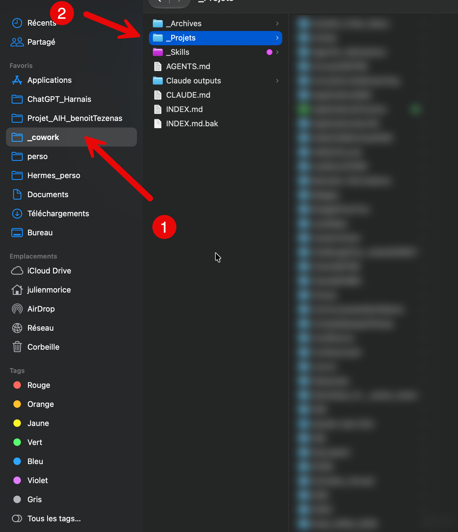 Finder : le dossier _cowork en favori (1) et son sous-dossier _Projets (2)