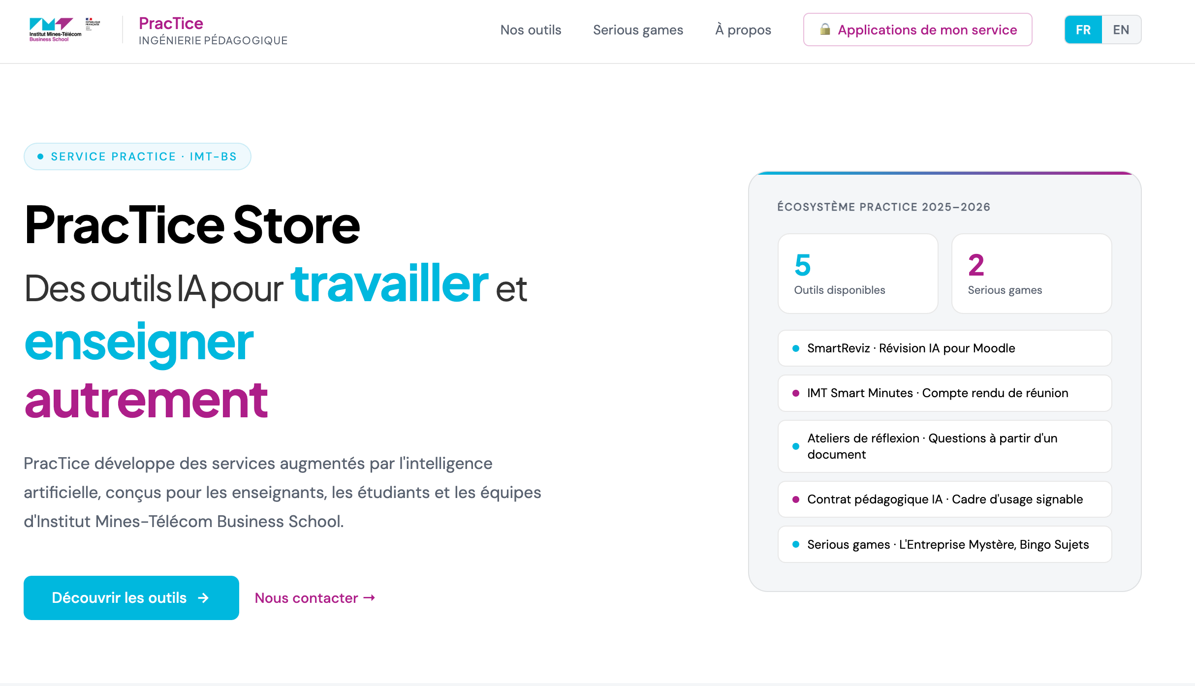 Page d'accueil du PracTice Store : des outils IA pour travailler et enseigner autrement